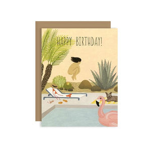 By Yeppie Paper. The Birthday Suit Card is professionally printed in full color in Los Angeles, FSC-certified, recycled 110 lb. cover weight, soft white paper and matching recycled kraft envelope. Blank inside with single color logo on back. Card and envelope packaged in a clear cello sleeve. Measures 4.25x5.5 inches.