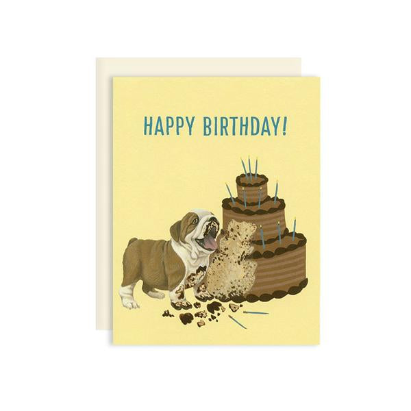 By Yeppie Paper. Bulldog Cake Birthday Card features: Professionally printed in full color in Los Angeles. FSC-certified, recycled 110 lb. cover weight, soft white paper. Matching recycled soft white envelope. Blank inside with single color logo on back. Card and envelope packaged in a clear cello sleeve. 4.25 x 5.5 inches. Also available in store at FOLD Gallery in DTLA.