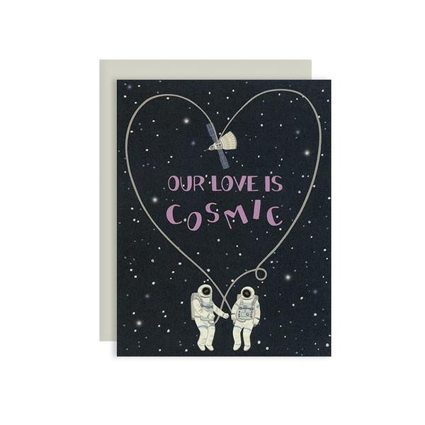 By Yeppie Paper. Cosmic Love Card features: Professionally printed in full color in Los Angeles. FSC-certified, recycled 110 lb. cover weight, soft white paper. Matching recycled shimmer silver envelope. Blank inside with single color logo on back. 4.25 x 5.5 inches. Also available in store at FOLD Gallery in DTLA.