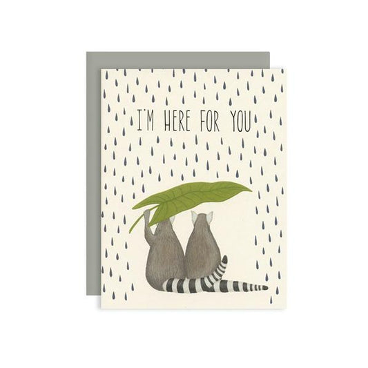 By Yeppie Paper. Lemurs Sympathy Card "I'm Here For You": Professionally printed in full color in Los Angeles. FSC-certified, recycled 110 lb. cover weight, soft white paper. Matching recycled gravel envelope. Blank inside with single color logo on back. Card and envelope packaged in a clear cello sleeve. Also available in store at FOLD Gallery DTLA.
