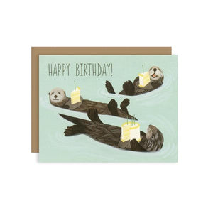 By Yeppie Paper. Otter Birthday Card: Professionally printed in full color in Los Angeles. FSC-certified, recycled 110 lb. cover weight, soft white paper. Matching recycled kraft envelope. Blank inside with single color logo on back. Card and envelope packaged in a clear cello sleeve. Folded card is 4.25 x 5.5 inches. Also available in store at FOLD Gallery DTLA.