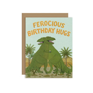 By Yeppie Paper. T-Rex Birthday Card. Professionally printed in full color in Los Angeles. FSC-certified, recycled 110 lb. cover weight, soft white paper. Matching recycled kraft envelope. Blank inside with full color logo on back. Card and envelope packaged in a clear cello sleeve. Measures 4.25 x 5.5 inches. Also available in store at FOLD Gallery DTLA.