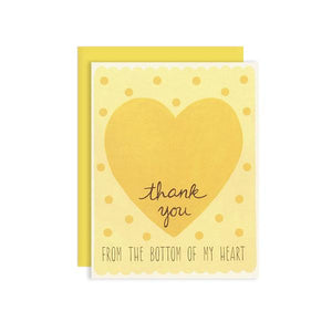 By Yeppie Paper. Thank You from Bottom of Heart Card. Professionally printed in full color in Los Angeles. FSC-certified, recycled 100 lb. cover weight, soft white paper. Matching recycled mustard yellow envelope. Blank inside with single color logo on back. Card and envelope packaged in a clear cello sleeve. Also available in store at FOLD Gallery DTLA.
