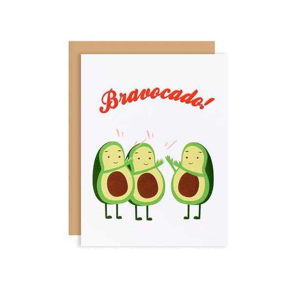 By Ilootpaperie. This folded Bravocado Card is printed on 100lb linen cardstock with subtle embossed arctic white linen finish. Inside is blank for a personal message. High quality, tan envelope with square flap included. Measures 4.25 x 5.5 inches. Also available in store at FOLD Gallery in DTLA.