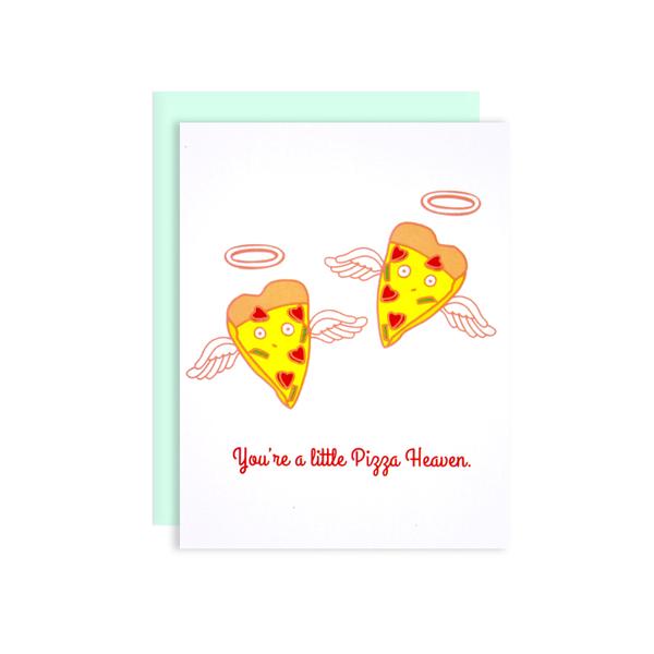 By Ilootpaperie. This folded Little Pizza Heaven Card is printed on 100lb cardstock with subtle embossed arctic white linen finish. Blank inside for a personal message. High quality, envelope with square flap included. Measures 4.25 x 5.5 inches. Also available in store at FOLD Gallery DTLA.