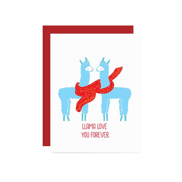 By Ilootpaperie. This folded Llama Love You Forever Card is printed on 100lb cardstock with subtle embossed arctic white linen finish. Blank inside for a personal message. High quality, red envelope with square flap included. Measures 4.25 x 5.5 inches. Also available in store at FOLD Gallery DTLA.