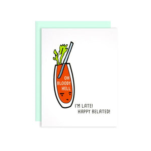 By Ilootpaperie. This folded Oh Bloody Hell Belated Birthday Card is printed on 100lb cardstock with subtle embossed soft white linen finish. Blank inside for a personal message. High quality envelope with square flap included. Measures 4.25 x 5.5 inches. Also available in store at FOLD Gallery DTLA.