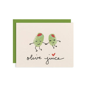 By Ilootpaperie. This folded Olive Juice Card is printed on premium, rich and luxurious cream 100lb cardstock. Inside is blank for a personal message. High quality, olive green envelope with square flap included. Measures 4.25 x 5.5 inches. Also available in store at FOLD Gallery DTLA.