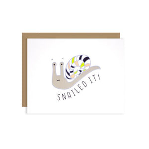 By Ilootpaperie. This folded Snailed It Card is printed on 100lb linen cardstock with subtle embossed white linen finish. Inside is blank for a personal message. High quality, tan envelope with square flap included. Measures 4.25 x 5.5 inches