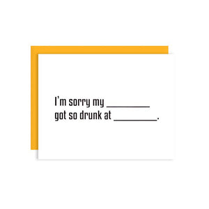 By Ilootpaperie. This folded Sorry So Drunk Card is printed on 100lb cardstock with subtle embossed soft white linen finish. Blank inside for a personal message. High quality envelope with square flap included. Measures 4.25 x 5.5 inches.