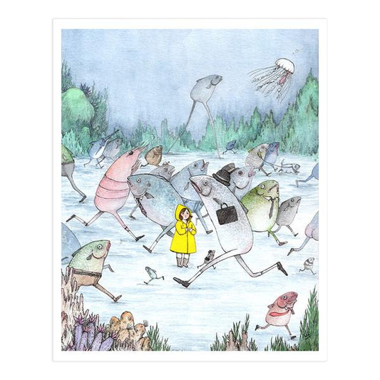 By kAt Philbin. "They rushed about to important meetings and had no time for lost little girls". Important Meetings Print: Digital print of original illustration on Sundance watercolor card stock. Printed locally in Burbank, CA. Measures 8 x 10 inches with a small border around the image. Also available in store at FOLD Gallery DTLA.