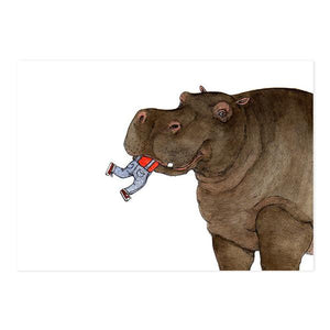 By kAt Philbin. Please Do Not Feed the Hippos Print. Print of original drawing on 110# silk matte card stock. Measures 5 x 7 inches. Also available in store at FOLD Gallery DTLA.