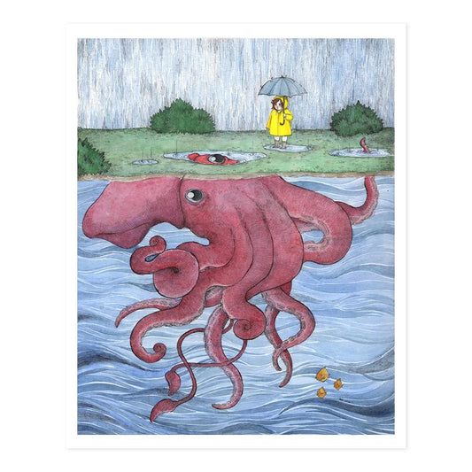 By kAt Philbin. Some Puddles Are Deeper Than Others Print. A young girl discovers a puddle that takes her to a mysterious underwater world. Digital print of original illustration on Sundance watercolor card stock. Printed locally in Burbank, CA. Measures 8 x 10 inches with a small border around the image.