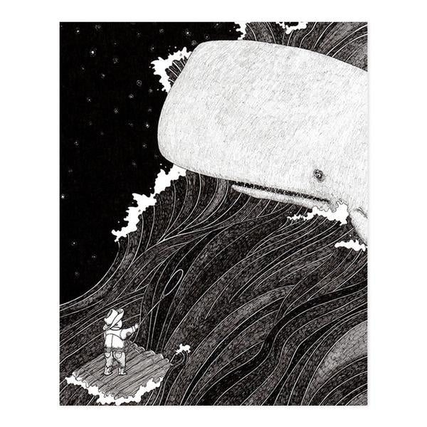 By kAt Philbin. Tiny William Found his Calling in Wrangling Whales Print. Black and white digital print on 110# silk matte card stock. Measures 8 x 10 inches. Also available in store at FOLD Gallery DTLA.