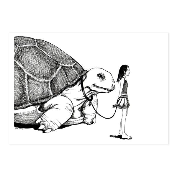 By kAt Philbin. Tortoise Walk Print. Print of original drawing on card stock. Printed locally in Burbank, CA. Measures 5 x 7 inches with a small border around the image. Also available in store at FOLD Gallery DTLA.