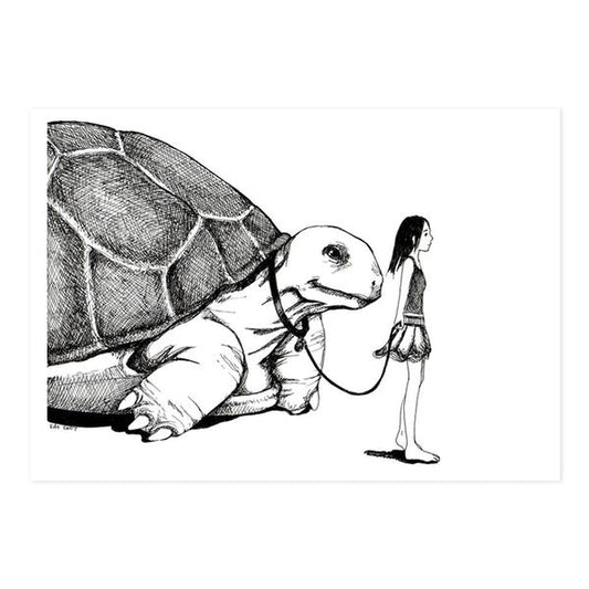 By kAt Philbin. Tortoise Walk Print. Print of original drawing on card stock. Printed locally in Burbank, CA. Measures 5 x 7 inches with a small border around the image. Also available in store at FOLD Gallery DTLA.